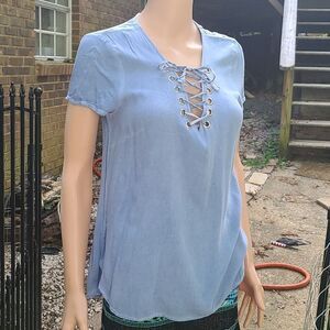 Pants store Soft Blue Oring String vneck Blouse